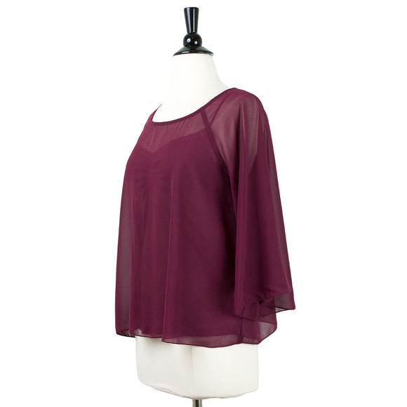 ▪️TRAFFIC PEOPLE Burgundy Semi-Sheet Chiffon Bell Sleeve Top 3/4 Sleeve … - Picture 2 of 4